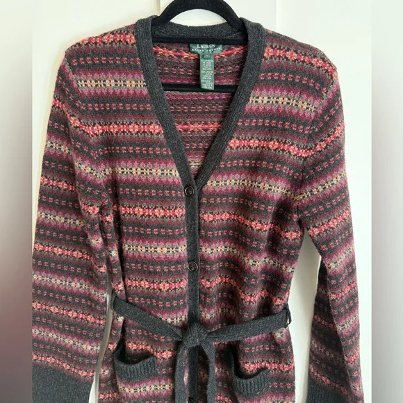 Lauren Ralph Lauren Wool Cardigan Sweater Car Coat Vintage Y2K Fair Isle Country